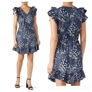 Rebecca Taylor Ava Floral V-neck Dress Navy Sz 6 Ruffle Sleeve Cottagecore Fairy